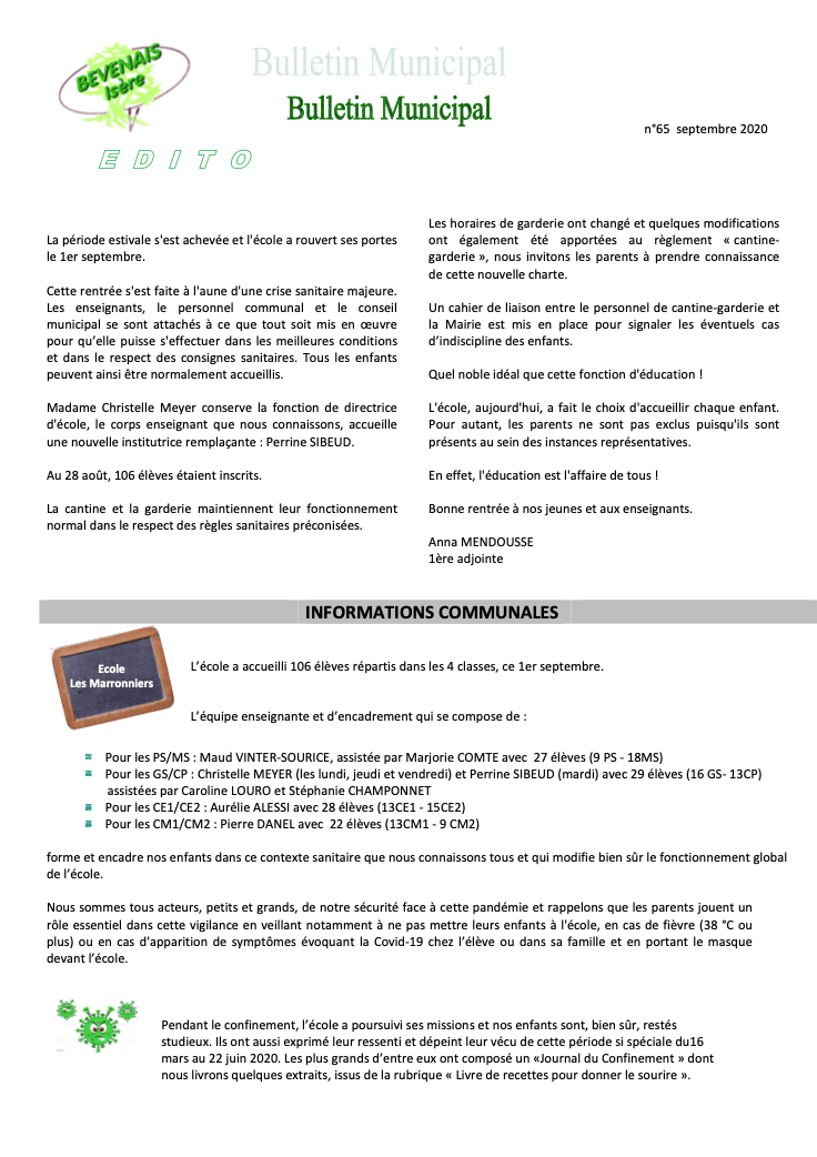 bulletin municipal septembre 2020 bévenais